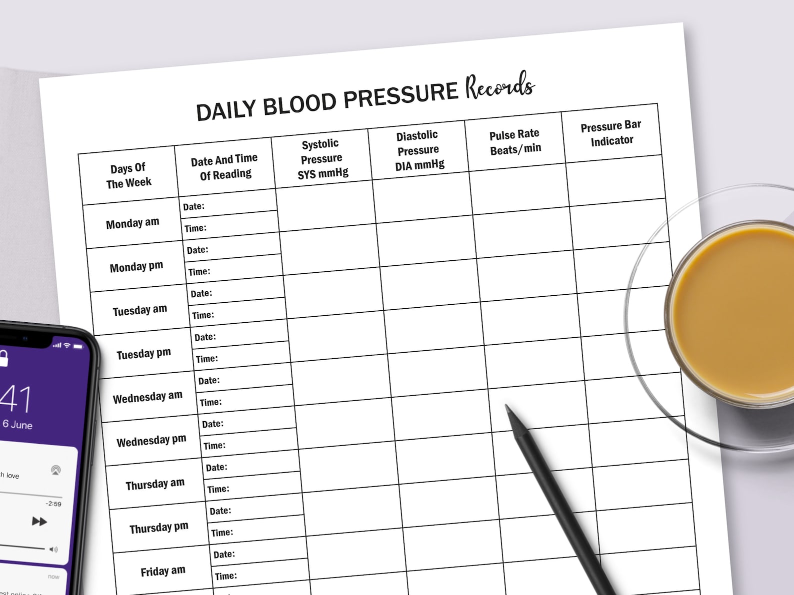 Hoja de registro de presión arterial diaria, presión sistólica, presión