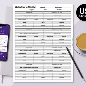 Visitor Sign In & Sign Out Log Sheet, US Letter 8.5&quot; x 11&quot;, PDF/JPG Digital Printable Downloadable Files, Daily Office Register Record Form