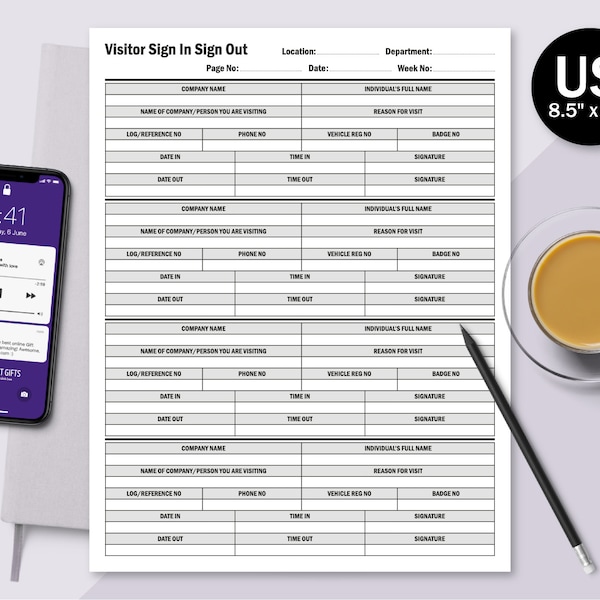 Visitor Sign In & Sign Out Log Sheet, US Letter 8.5" x 11", PDF/JPG Digital Printable Downloadable Files, Daily Office Register Record Form