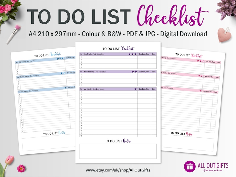 To Do List Checklist.pdf A4 to Do List Checklist: Daily Organizer (PDF & JPG) - Etsy