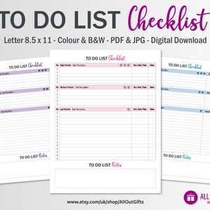 May include: Three printable to-do list checklists in different colors: purple, pink, and blue. Each checklist has sections for high, medium, and low priority tasks, with space for task description, due date, time, and a check box. Each checklist also has a notes section.
