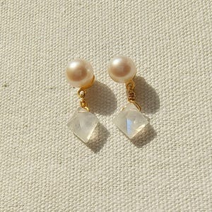 Moonstone and White Pearl Earrings,Dainty Geometric Studs,Iridescent Stone,June Birthstone Jewelry