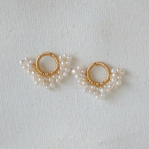 Tiny Pearl Stud Earrings Wire Wrapped,Elegant Bridal Jewelry,Handmade Hoop Beading Accessories