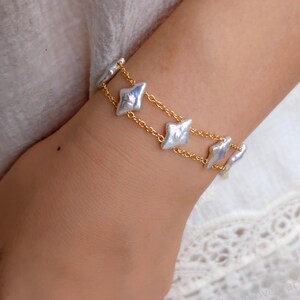 Double Layer Cross Star Pearl Chain Bracelet,Celestial Jewelry Adjustable Length,Non-Tarnish 14k Gold Filled or Sterling Silver