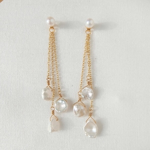 White Triple Keshi Pearl Earrings,Dainty Pearl Tassel,Natural Freshwater Pearls Dangling Jewelry