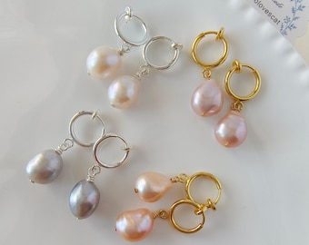 Hoop Baroque Pearl Clip on Earrings,None Pierced Jewelry,No Piercing Huggie Handmade