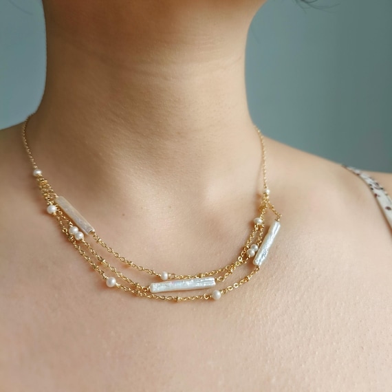 Layering Necklace White Freshwater Pearl,multi Strand Collar
