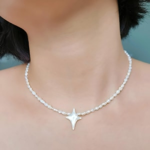 White Mother of Pearl Cross Star Charm Choker,Freshwater Seed Pearl Necklace,Dainty Handmade Celestial Jewelry