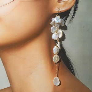 Long White Freshwater Pearl Bridal Cluster Earrings,Waterfall Statement Dangle Jewelery for Party,14K Gold Filled,925 Sterling Silver