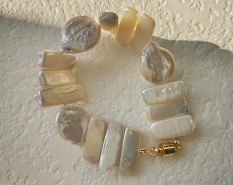 Stylish Geometric Pearl Bracelet, Rectangle Pearls and Baroque Coin Pearl Bracelet Unique Jewelry for Women