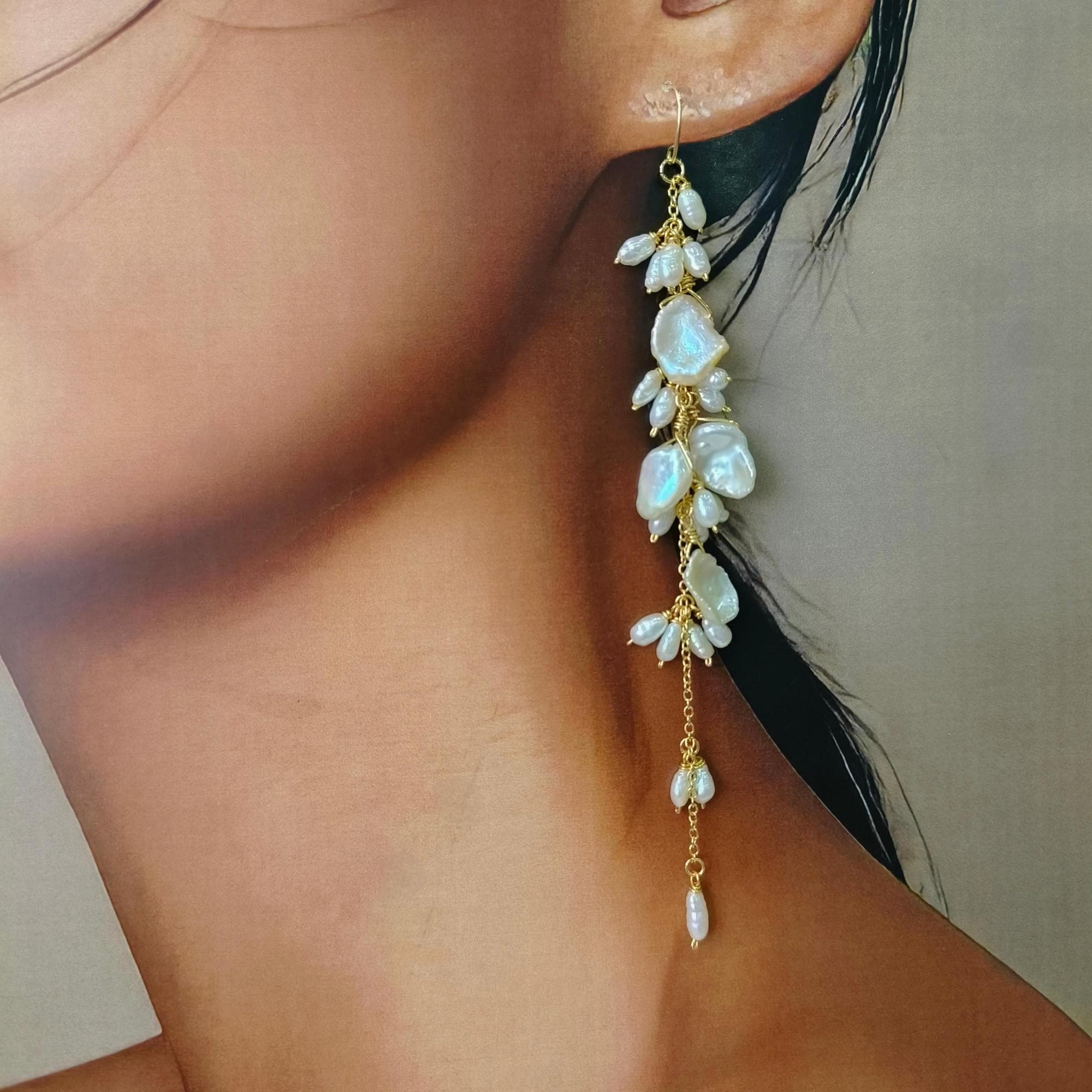 Long Keshi Pearl Cluster Earrings,White Freshwater Pearls Earrings Drop Jewelery,Shoulder Duster