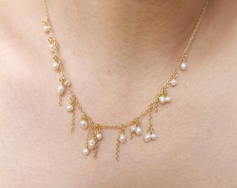 White Pearl Fringe Necklace,Dangly Freshwater Pearl Choker,Bridal Jewelry