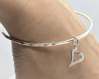 Solid Silver Bangle - 925 Sterling Silver - Lightly Hammered - Hammered Heart Charm - Made to your size - Gift for Her- Petite bracelet.