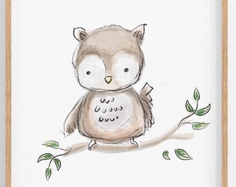 Children's picture owl Children's room pictures Baby room A4 and A5 Forest animals Gift for birth, baptism