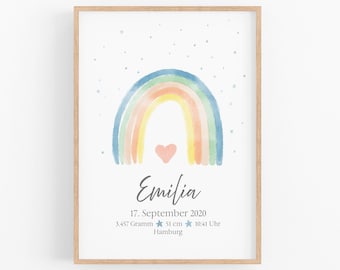 Birth poster rainbow personalized as a gift for boys and girls