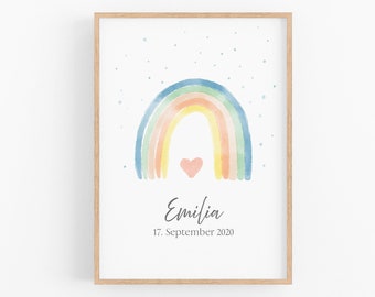 Birth poster rainbow personalized as a gift for boys and girls