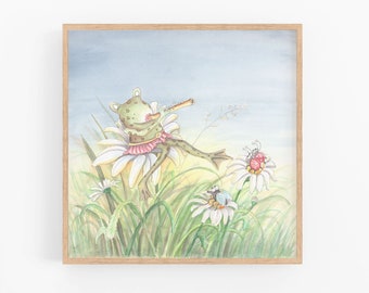 Nursery decoration picture music with toad - baby room décor - children's picture nature flute frog toad