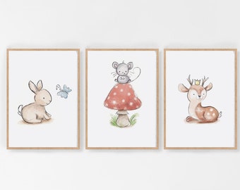 Pictures Set Forest Animals Print 3 Pictures Baby Room Children's Room Rabbit Mouse Deer Cute Animals Available in Din A4 or Din A5