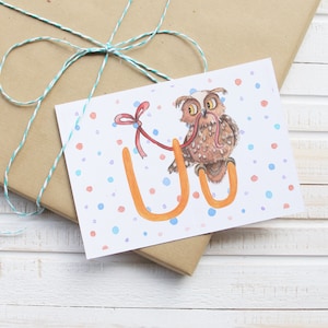 ABC Karte U wie Uhu - Buchstaben Karte als Geschenk zur Einschulung, Schulanfang, Geburtstag für Vorschulkinder Junge und Mädchen