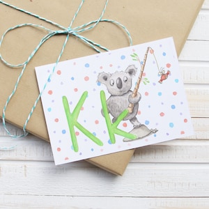 Koala Karte - ABC Postkarte - Buchstabe Name - toll als Geschenk zum Schulanfang, Geburtstag, Einschulung, Namenstag und für Vorschüler