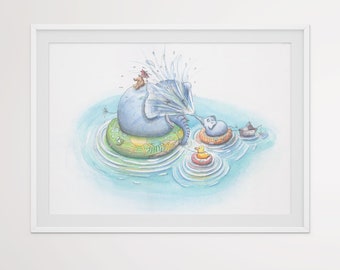 Children's picture "Elephant shower" for children's room with large and small elephant, mouse and squeaky duck