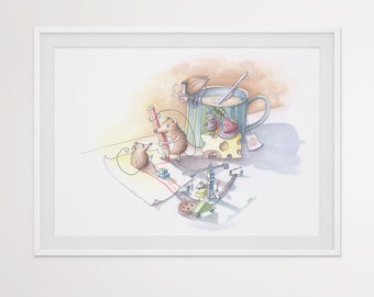 Picture for nursery "Play with me", big and small mouse play with the car