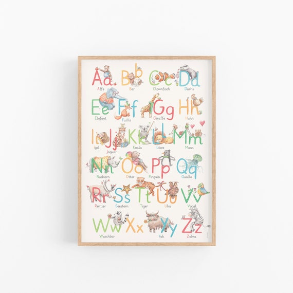 ABC Poster Tiere - Alphabet  - Plakat für Kinderzimmer zum Buchstaben lernen- tolles Geschenk zum vierten und fünften Geburtstag für Kinder