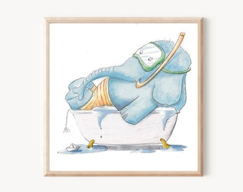 Children's picture elephant in the bathtub