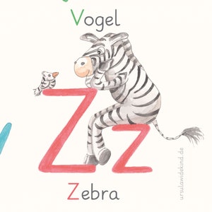 May include: A red letter Z with a zebra sitting on it. The zebra is black and white with a striped pattern. The zebra is looking at a small bird with a yellow beak. The text "Vogel" is above the zebra and the text "Zebra" is below the zebra.