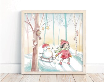 Children's picture winter with sledge in the forest