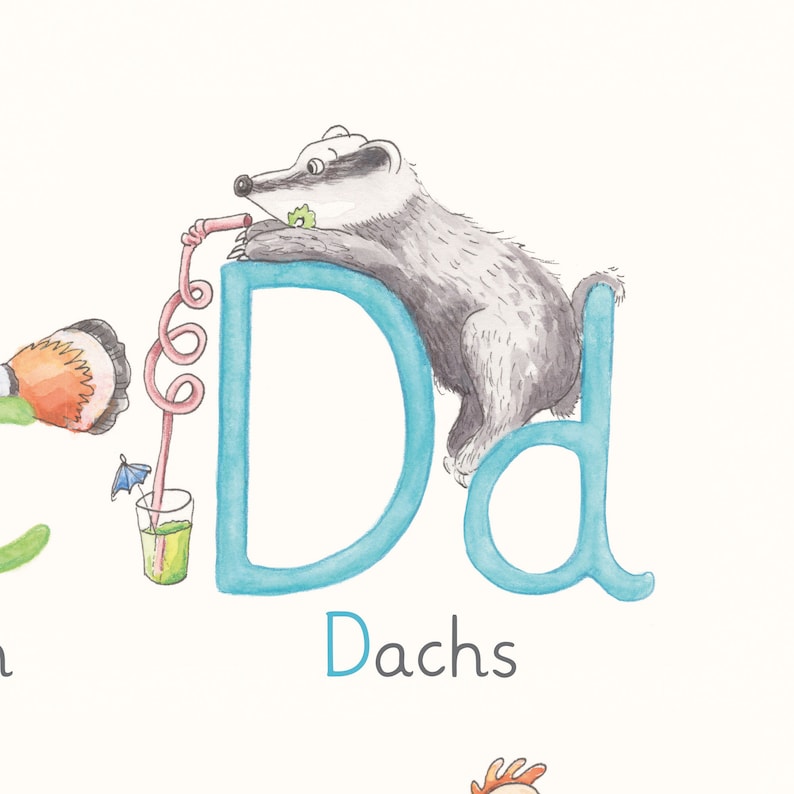 May include: A blue letter D with a badger holding onto the top of the letter. The badger is drinking from a pink straw. The word "Dachs" is written below the letter.