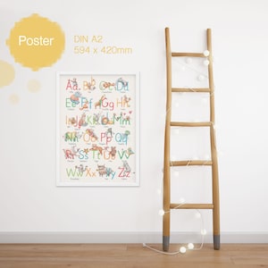 May include: A colorful alphabet poster featuring animals and letters. The poster is framed in white and has a white background. The letters are in a variety of colors and the animals are illustrated in a cartoon style. The poster is 594 x 420 mm.