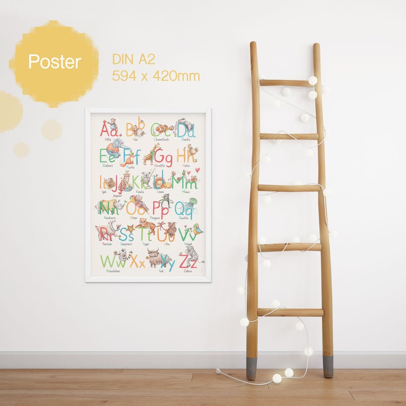 May include: A colorful alphabet poster featuring animals and letters. The poster is framed in white and has a white background. The letters are in a variety of colors and the animals are illustrated in a cartoon style. The poster is 594 x 420 mm.