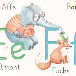 May include: An illustration of an elephant wearing a striped sweater and glasses, placing a party hat on a fox. The elephant is standing on the letter "E" for "Elephant" and the fox is standing on the letter "F" for "Fox".