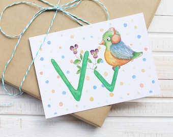 ABC Karte V wie Vogel - Buchstaben Postkarte als Geschenk für Jungen und Mädchen zum Geburtstag, zur Einschulung, zum Schulanfang