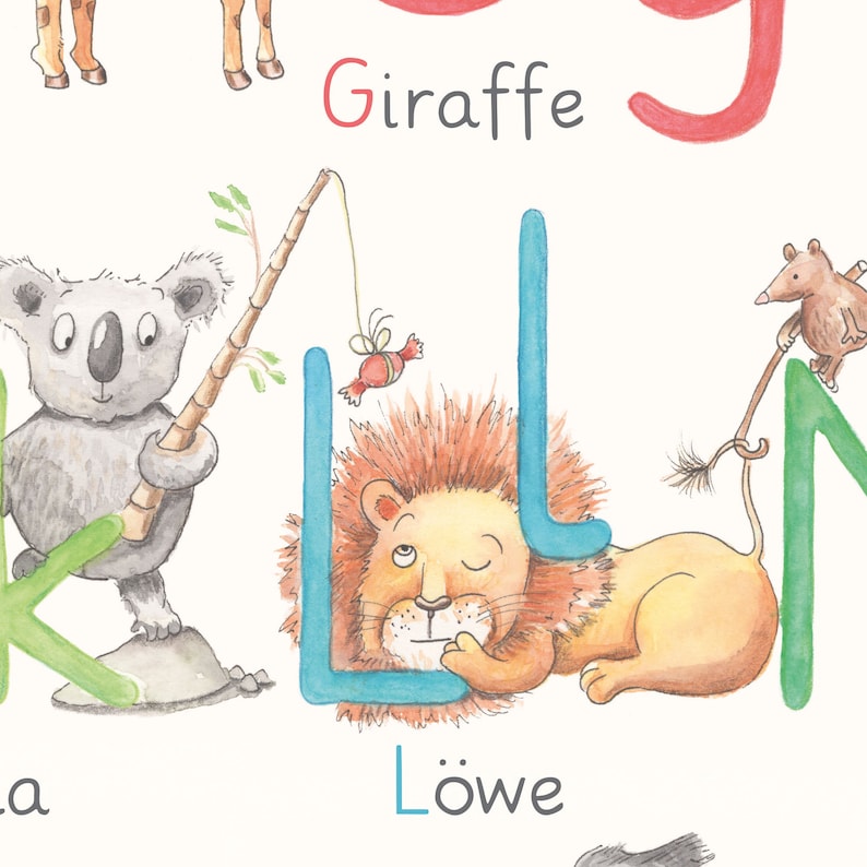 May include: An alphabet poster with illustrations of animals. The letter K is green and features a koala holding a stick. The letter L is blue and features a lion sleeping. The letter M is green and features a mouse holding a stick.