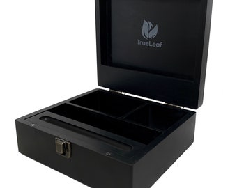 TrueLeaf Black Wood Stash Box Set with Rolling Tray