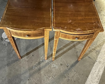 Pair of sweet mahogany petite neoclassical side tables. Mcm antiques. They need refinishing.
