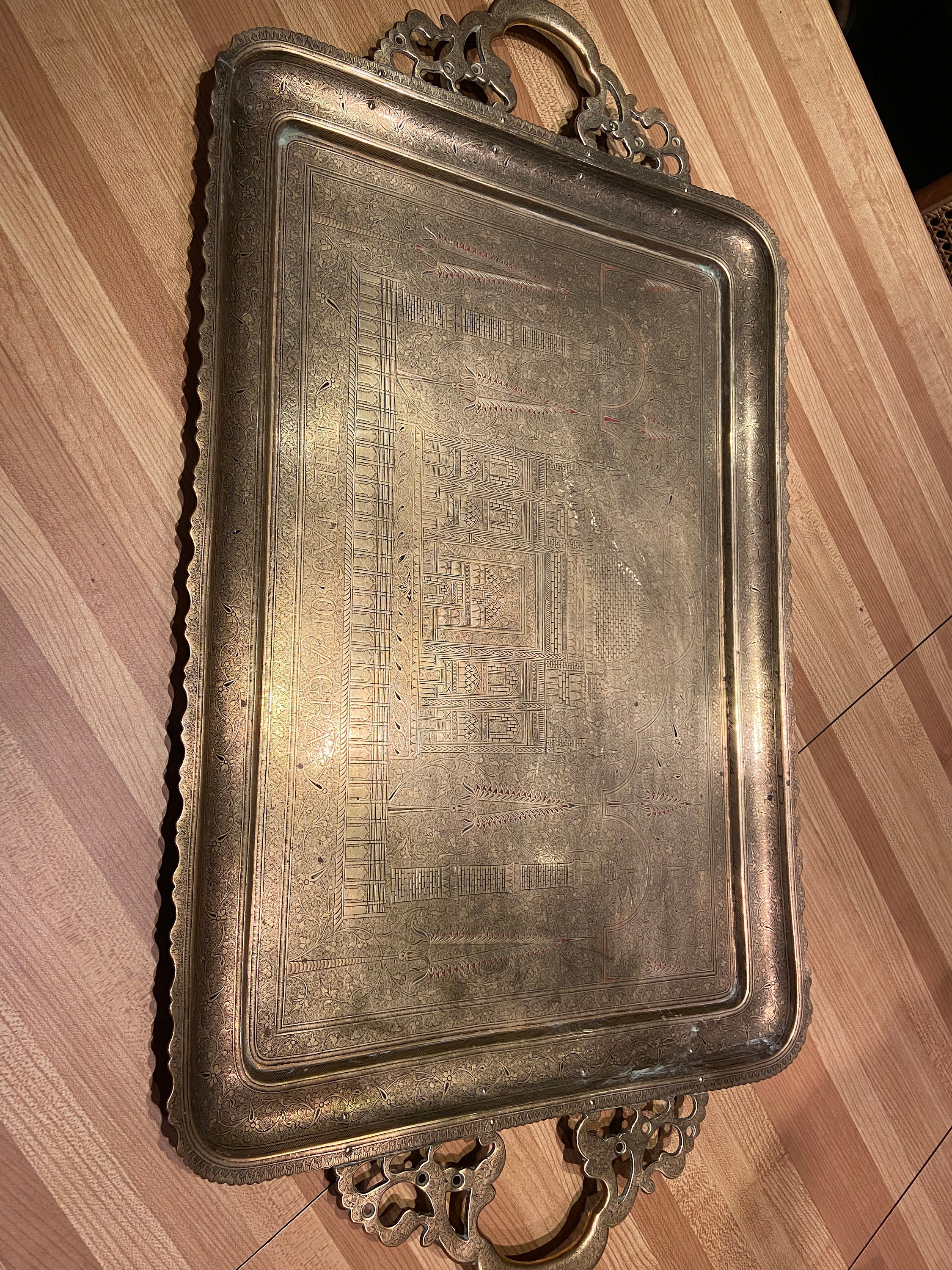Massive solid brass British Indian serving tray thick vintage  states The Taj of Agra