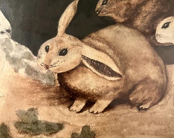 1910 Signed Rabbits Watercolor Painting, Framed Animal Art