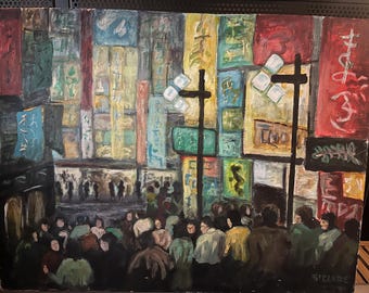 MCM mid century large original oil from the 60s Japan night time scene