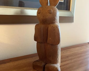 Wooden Bunny Carving, Primitive Folk Art Statue