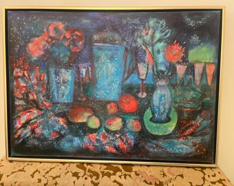 Maria Ines Rodriquez ! Original canvas painting! Brazilian artist magnificent colours “Festive Table”