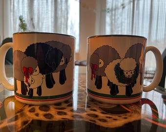 Vintage 1989 Christmas Sheep Mugs - Matching Pair
