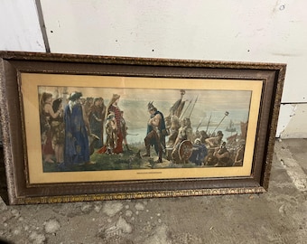 Antique Framed Print: "Where is my Lord the King" Vikings 1887, Herbert Gustav Schmaltz