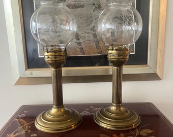 Vintage Brass Candle Holders with Glass Chambers, Made in England