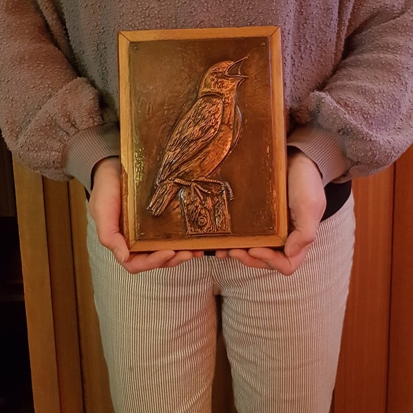 Mid Century 1970 Japanese artist engraved copper? plaque with baby swallow? bird one of a kind