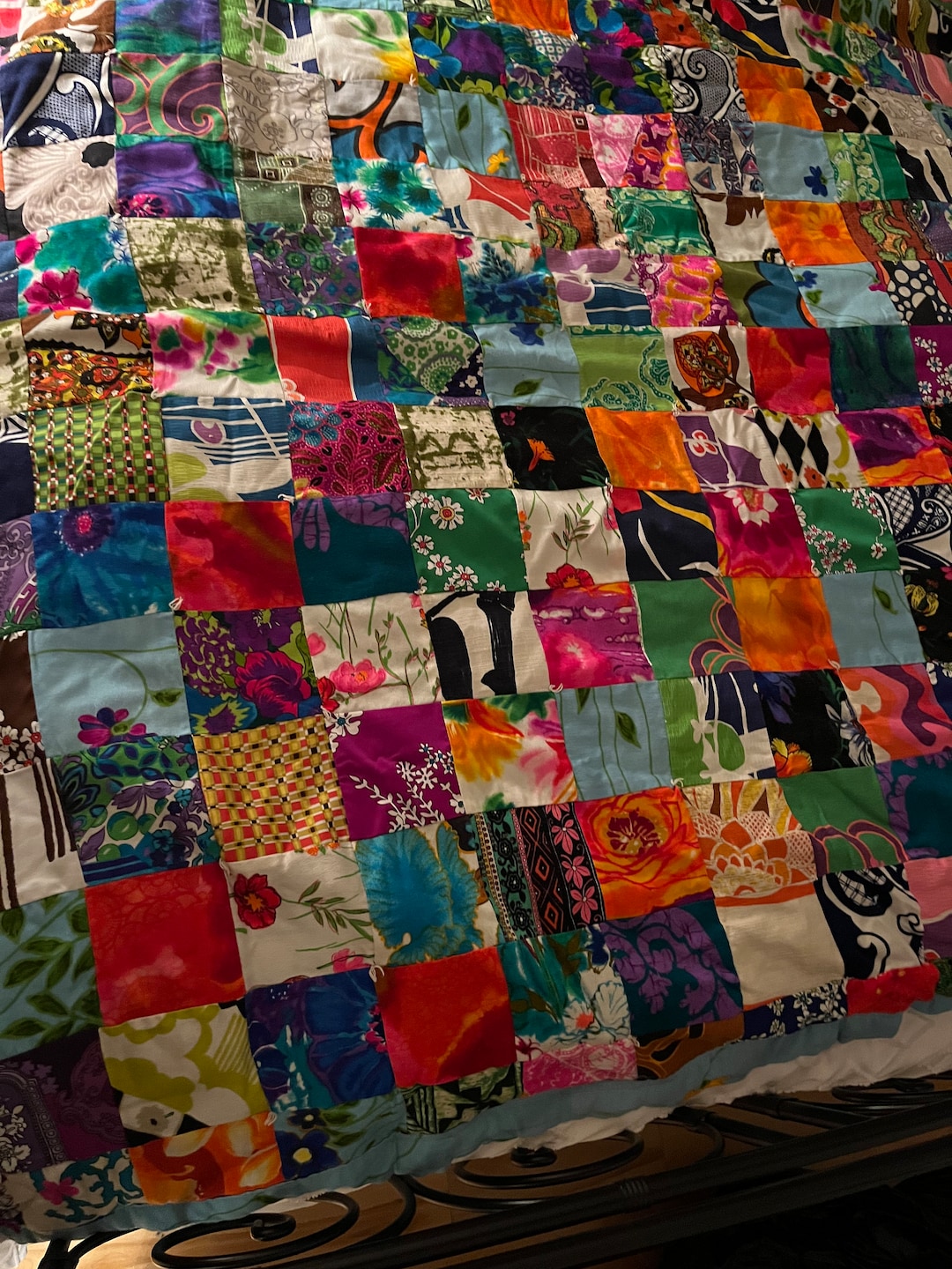 1970s Handmade Barkcloth Patchwork Quilt..large and Heavy, Bright and