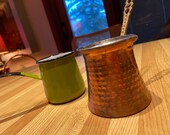 Pair of Turkish coffee milk pots one copper and one green enamel mid century kitchen must