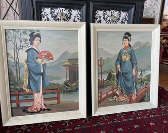 Pair of Large 1960s Asian Geisha Paint By Numbers, Framed Wall Art